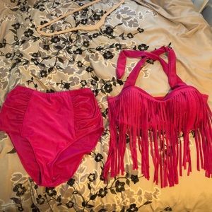 Hot Pink High Waisted Fringe Bikini
